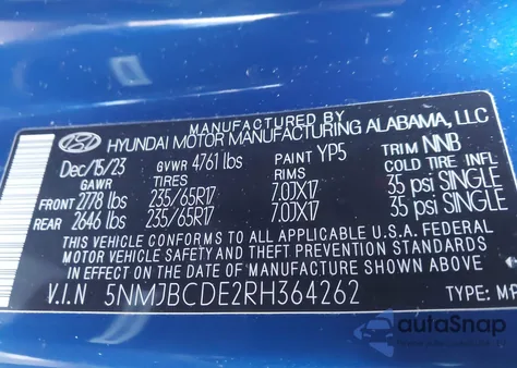 2024 Hyundai Tucson Sel z USA, uszkodzony, nr VIN 5NMJBCDE2RH364262